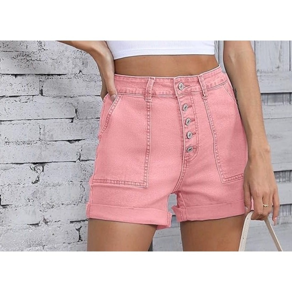 Sidefeel Women's Denim High Waisted Stretchy Button Fly Jean Shorts - Pink - 6